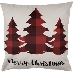 Clayre & Eef Kussenhoes  45x45 cm Rood Beige Polyester Kerstbomen Merry Christmas Sierkussenhoes