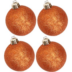 4x stuks kunststof glitter kerstballen oranje 10 cm - Kerstbal