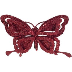 1x Kerstversieringen vlinder op clip glitter bordeaux rood 14 cm - kerstboompieken