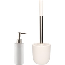WC-/toiletborstel en houder dolomiet wit met zeeppompje 400 ml - Badkameraccessoireset