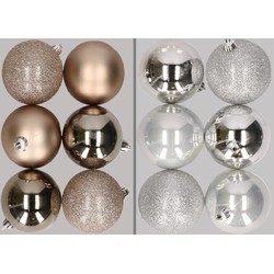 12x stuks kunststof kerstballen mix van champagne en zilver 8 cm - Kerstbal