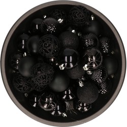 Bellatio decorations Kerstballen - 37x stuks - zwart - mix - kunststof - 6 cm - onbreekbaar - Kerstbal