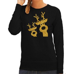 Bellatio Decorations foute kersttrui/sweater voor dames - gouden rendieren - zwart - glitter goud 2XL - kerst truien