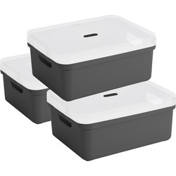 3x Sunware opbergbox/mand 24 liter antraciet grijs kunststof met transparante deksel - Opbergbox