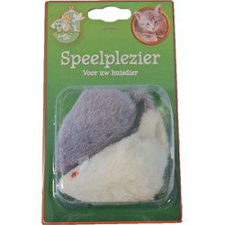 Kattenspeelgoed blisterpak a 2 bontmuis grijs/wit 7.5 cm