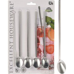 Excellent Houseware RVS Rietjes met Lepel 4 Stuks + Schoonmaakborstel