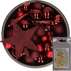 33x kunststof kerstballen 5-6-8 cm bordeaux rood met ster piek en haakjes - Kerstbal