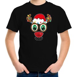 Bellatio Decorations kerst t-shirt voor kinderen - Rudolf gezicht - rendier - zwart XS (104-110) - kerst t-shirts kind