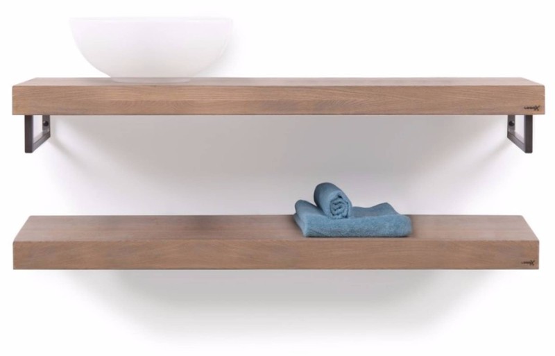 Looox Wooden Collection duo base shelf met handdoekhouders rvs eiken/geborsteld rvs - 