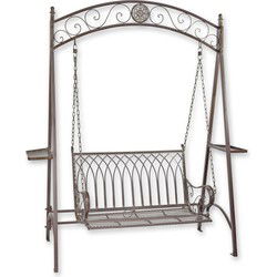 A TWO-SEAT BROWN IRON SWINGBENCH