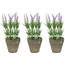 3x Groene/lilapaarse Lavandula lavendel kunstplanten 25 cm met grijze beton pot - Kunstplanten