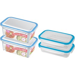 4x Voedsel plastic bewaarbakjes 0,5 en 2 liter transparant/blauw - Vershoudbakjes