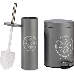 Toiletborstel/wc-borstel en pedaalemmer donker grijs met tekst aluminium 37 cm - Badkameraccessoireset