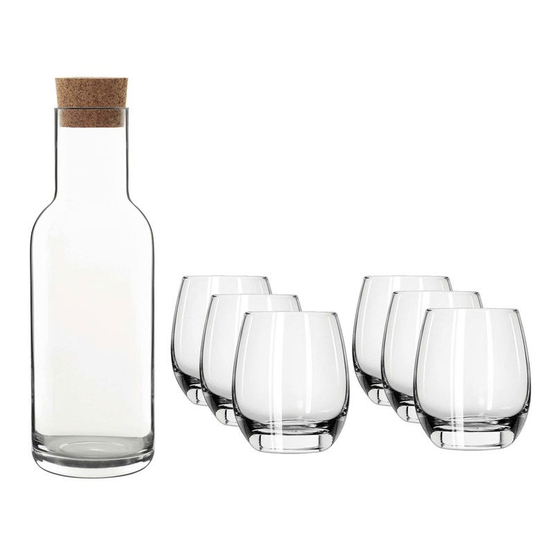 Glazen karaf/schenkkan met kurken dop van 1 liter met 6x stuks drinkglazen/waterglazen 330 ml - Karaffen - 