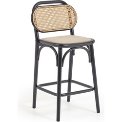 Kave Home - Doriane 65 cm height solid elm stool with black lacquer finish and upholstered seat