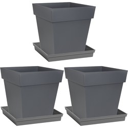 Set van 3x stuks bloempotten Toscane vierkant kunststof antraciet grijs 32 x 32 x 32 cm inclusief on - Plantenpotten