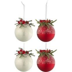 J-line - Doos Van 4 Kerstballen Kerstdeco+bessen Suiker Glas Wit/rd Small - 10x10x10cm