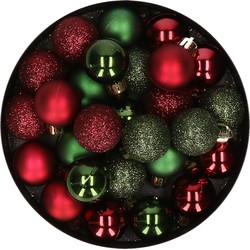 28x stuks kunststof kerstballen donkergroen en donkerrood mix 3 cm - Kerstbal