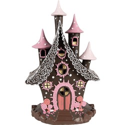 Clayre & Eef Gingerbread house met LED 16x13x26 cm Bruin Roze Kunststof Peperkoekhuisje