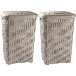 Plasticforte Wasmand met deksel - 2x - 60L- taupe - kunststof - 62 cm - Wasmanden