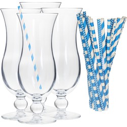 Cocktail set van 4x cocktail glazen en 100x rietjes - 440 ml - blauw - Drinkglazen