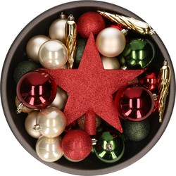33x stuks kunststof kerstballen met piek 5-6-8 cm rood/groen/champagne incl. haakjes - Kerstbal
