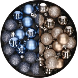 40x stuks kleine kunststof kerstballen donkerblauw en champagne 3 cm - Kerstbal