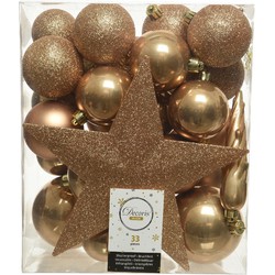 Decoris kerstballen - 34-dlg - camel bruin - kunststof - Kerstbal