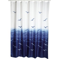 MSV Douchegordijn met ringen - wit/blauw - vogels print - Polyester - 180 x 200 cm - wasbaar - Douchegordijnen