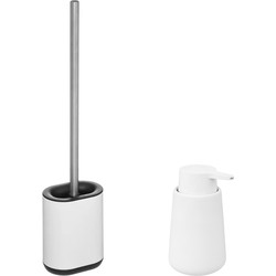 WC-/toiletborstel en houder - wit - met zeeppompje 250 ml - Badkameraccessoireset
