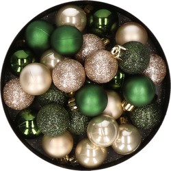 28x stuks kunststof kerstballen parel/champagne en donkergroen mix 3 cm - Kerstbal