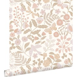 ESTAhome behang bloemen en vogels wit, beige en zacht roze - 50 x 900 cm - 139866