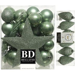 Kerstversiering kunststof kerstballen met piek salie groen 5-6-8 cm pakket van 39x stuks - Kerstbal