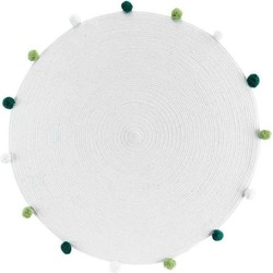 Orange85 Decoratief Rond Kleed - Laagpolig - Carpet - 90x90cm - Wit - Groene Pompons - Polyester