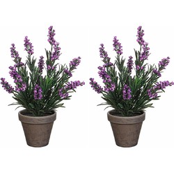 2x stuks lavendel kunstplanten/kamerplanten paars in grijze sierpot H33 cm x D20 cm - Kunstplanten