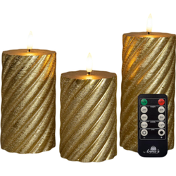 Stompkaars swirl wax led 3d vlam op batterij met afstandbediening set van 3 d7.5h10/12.5/15 cm goud