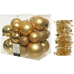Kerstversiering kunststof kerstballen 6-8-10 cm met sterren folieslingers pakket goud van 28x stuks - Kerstbal