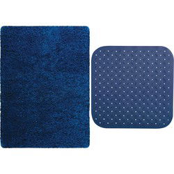 MSV Douche anti-slip mat en droogloop mat - Venice badkamer set - rubber/microvezel - donkerblauw - Badmatjes