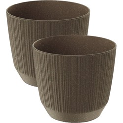 2x stuks moderne carf-stripe plantenpot/bloempot kunststof dia 19.5 cm/hoogte 17 cm eco/aarde bruin - Plantenpotten