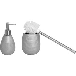 WC-/toiletborstel houder polystone met zeeppompje 280 ml zilver kleurig - Badkameraccessoireset