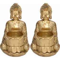 2x Decoratie boeddha beeldjes met theelichthouder goud zittend 14 cm - Waxinelichtjeshouders