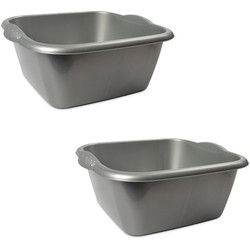 2x Rechthoekig afwasteiltje/emmertje zilver 3 liter 25 x 10 cm schoonmaakartikelen - Afwasbak