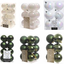 Kerstversiering kunststof kerstballen mix donkergroen/parelmoer wit 4-6-8 cm pakket van 68x stuks - Kerstbal