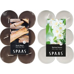 Candles by Spaas geurkaarsen - 24x stuks in 2 geuren Jasmin en Exotic wood - geurkaarsen