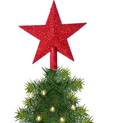 Mini Kerstboom piek rood 14 cm met glitters - Kleine kerstpieken - kerstboompieken