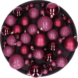 Kerstversiering set kerstballen aubergine roze 6 - 8 - 10 cm - pakket van 62x stuks - Kerstbal