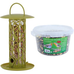 Vogel voedersilo met zitstokjes en tray groen kunststof 27 cm inclusief 4-seizoenen energy vogelvoer - Vogel voedersilo