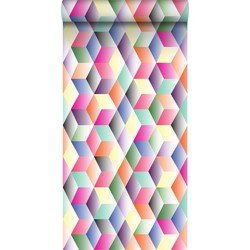 ESTAhome XXL behang 3D kubussen roze, geel, groen en blauw - 50 x 900 cm - 158913