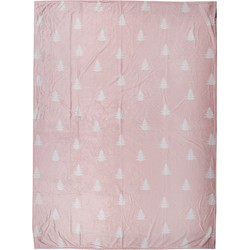 Clayre & Eef Plaid  130x170 cm Roze Wit Polyester Kerstbomen Deken