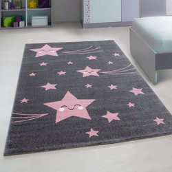 Tapijtenloods Kids Sterren Vloerkleed Kinderkamer Roze / Grijs Laagpolig- 80x150 CM